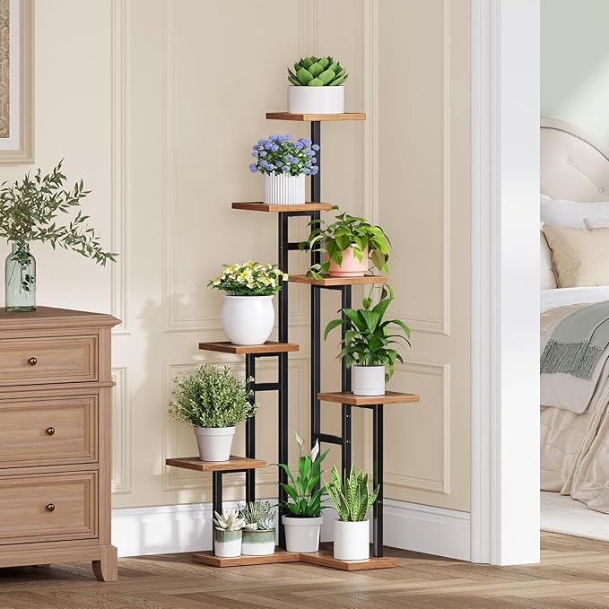 HOOBRO Corner Plant Stand Indoor, 7-Tier Plant Shelf for Multiple Indoor Plants, Corner Plant Rack Organizer, Square Flower Stand, for Living Room, Balcony, Patio, Rustic Brown and Black BF01HJ01