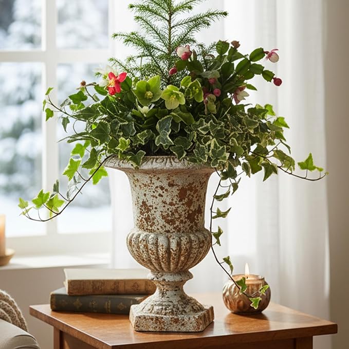 9 Inch Small Retro Urn Planter - Vintage Distressed Tabletop Flower Pot for Indoor Plants, Office Desk, Living Room Shelf & Patio Decor