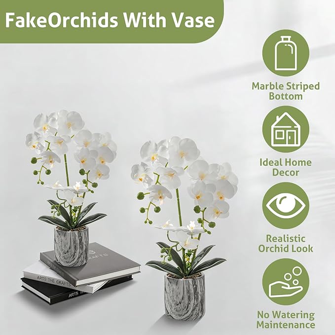 White 16.5'' Fake Orchids Flowers in Pot Bendable Faux Orchids Artificial Flowers Washable Silk Orchid Phalaenopsis Decor for Home Wedding Table Centerpiece Bathroom Office