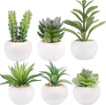 GREENTIME 6 Pcs Mini Artificial Succulents Plants in Ceramic Pots Small Fake Succulent Faux Plant Indoor Decor Bedroom Desk Bathroom Office Living Room Table Shelf Home Decoration Green White