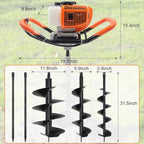 62CC Auger Post Hole Digger, 2 Stroke Gas Powered Earth Post Hole Digger with 3 Auger Drill Bits(4" & 6" & 12") + 2 Extension Rods for Farm Garden Plant, Orange (62cc+3 Auger(4"6"12")+2 Ext)