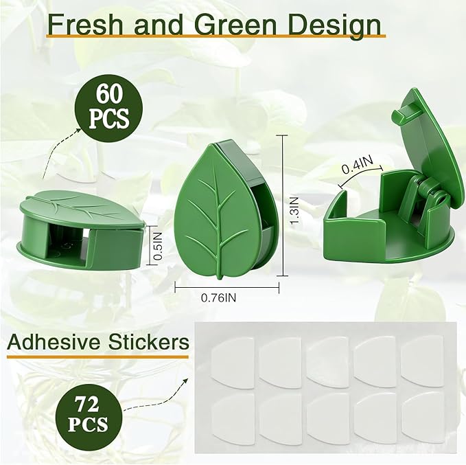 HNHMT 60 pcs Plant Wall Clips with 72 Pieces Acrylic Adhesive Sticker - Plant Climbing Wall Fixture Clips Plant Fixer Invisible Wall Vines Fixing Clips Self-Adhesive Hook Plant Clips