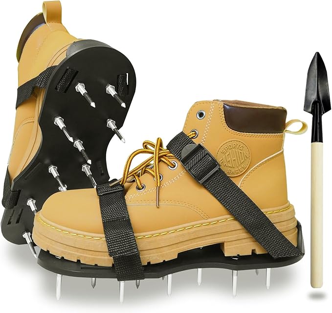 Lawn Aerator Shoes Set with Shovel, All New Unique Design Soild Installation Heavy Duty Spiked Aerating Sandals, for Yard Patio Lawn Garden - Medium
