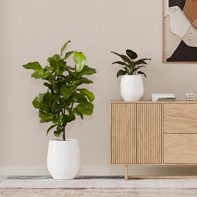 21" H x 19" D Premium Corso Fiberstone Round Tapered Planter with Drainage Hole, Weather Resistant for Indoor and Outdoor Use, Included 2 Extra Coco Mats (White, 15" Pot Opening)