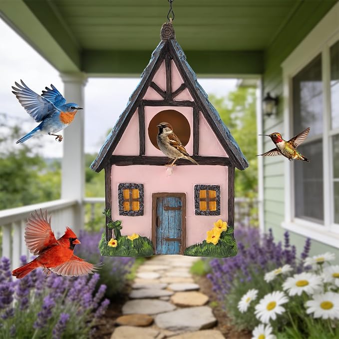 Bird Houses for Outside Pink Cottage Resin Birdhouse, Garden Outdoor Decor Bird House with Flower and Stone Details, Birdhouses for Outdoors for Bluebird Finches Cardinals
