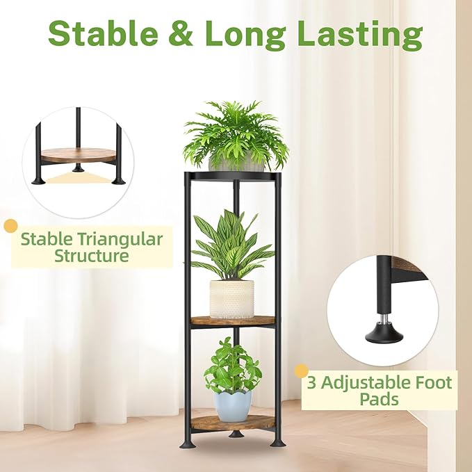 iDavosic.ly 3 Tier Plant Stand Indoor with Grow Light, 30 Inch Tall Vertical Corner Metal Flower Heavy Duty Pot Holder Shelf, Modern Black & Rustic Brown - Round