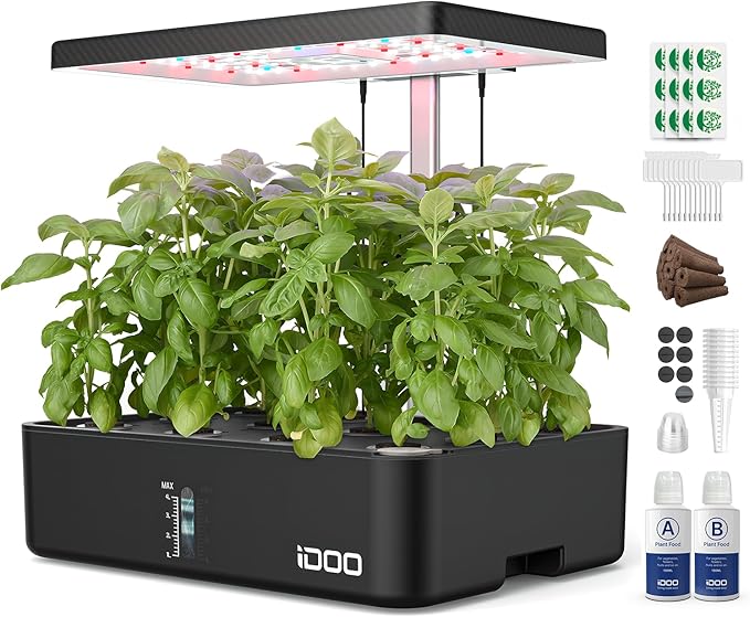 iDOO Hydroponics Growing System Kit 12Pods, Indoor Herb Garden with LED Grow Light, Built-in Fan, Auto-Timer, Adjustable Height Up to 11.3", for Home School Office, Gifts for Women Men Fathers
