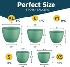 Planter Pots with Drainage Holes - Lightweight, Durable, & Space-Saving Pots for Indoor and Outdoor - Versatile Functionality, Simple Modern Design, Set of 5 Plastic Planter Pots Mint