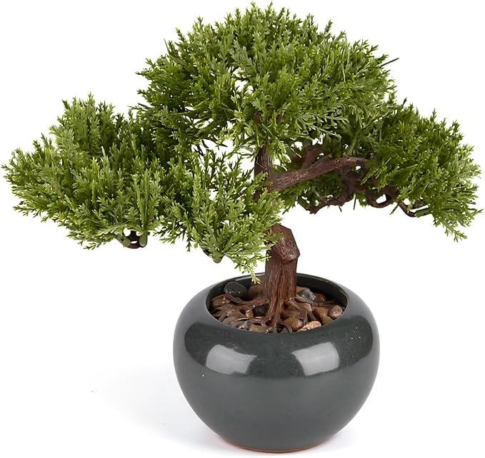 9.5 Inch Artificial Bonsai Tree with Ceramic Pot - Decorative Fake Plant for Home Office Living Room Window Sill, Fake Plants for Year-Round Decoration（Gray）