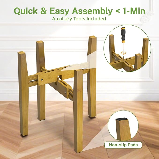 iDavosic.ly Adjustable Plant Pot Stand 2 Pack Indoor Outdoor, Mid Century Modern Bamboo Short Single Flower Holder Fits 8 to 12 Inch Large Heavy Duty Planter (Not Included) | Brown