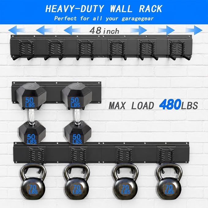 CBWLWJ 48'' Garage Tool Organizer Wall Mount - Heavy Duty 480 lbs Capacity Tool Rack with 6 Adjustable Straight Hooks, Wall Mounted Storage System for Garage, Shed, Workshop (Black)