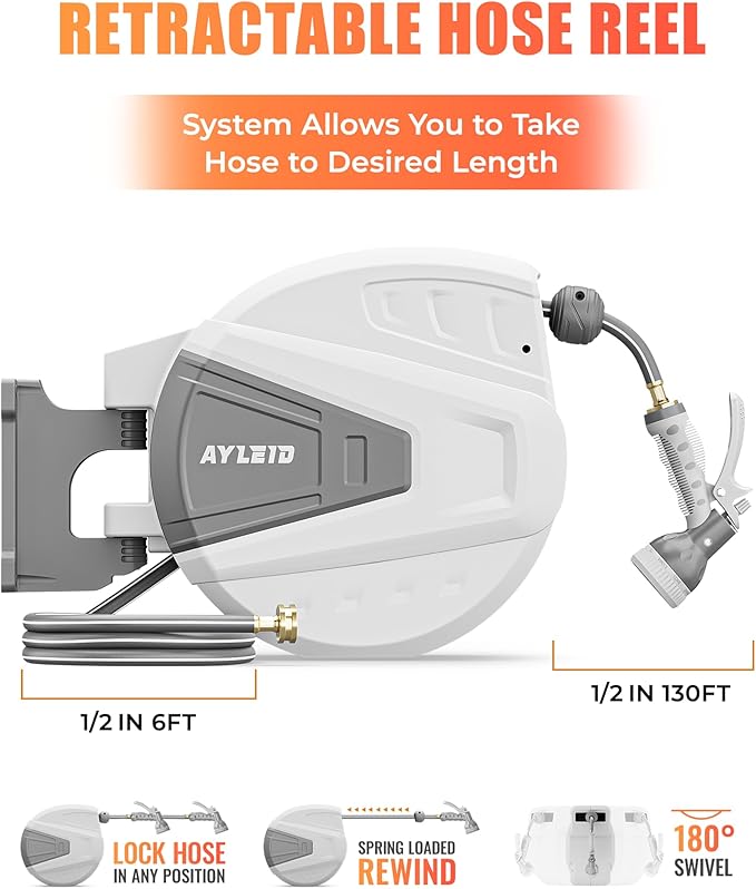 Ayleid Retractable Garden Hose Reel,1/2 in x 130 ft Wall Mounted Hose Reel, with 9- Function Sprayer Nozzle, Any Length Lock/Slow Return System/Wall Mounted/180°Swivel Bracket (Gray)