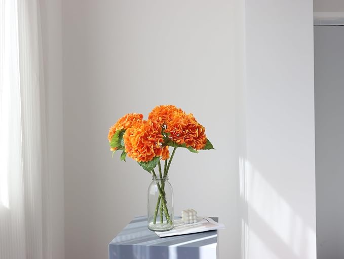 Buart 4PCS Long Stem Big Size Orange Flowers Artificial Silk Hydrangea Lifelike Flowers Real Touch Artificial Flowers Wedding Shower Bride Bouquets Office Living Room Table Decorations (21 Inch)