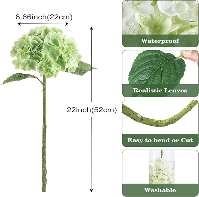 Coferset Light Green Hydrangea Artificial Flowers 3pcs Lifelike Faux Hydrangea Real TouchArtificial Flowers for Outdoors Home Wedding Christmas Office Party Living Room Decoration,22inch