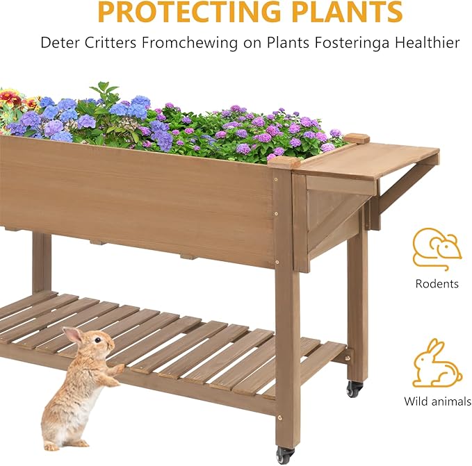 ketive Raised Garden Bed with Lockable Wheels Mobile Elevated Wood Planter,Storage Shelf, Protective Liner,55.5x24x32in (Brown)