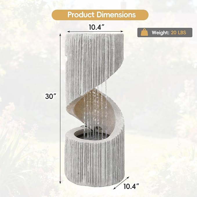 30" H Outdoor Water Fountain with LED Light, S-Shaped Modern Curved Outdoor Fountain, Spiral Column Fountain, Decorative Waterfall Feature with Flat Top Plant Display for Garden, Patio Decor