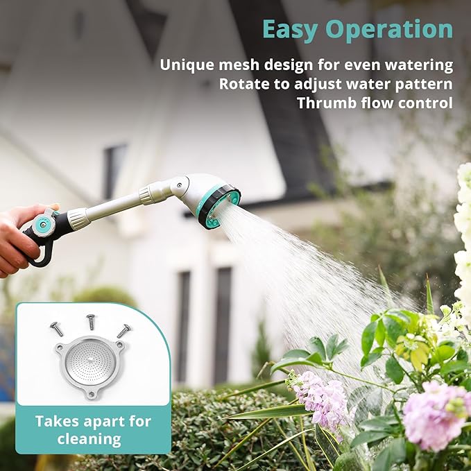 QUOBAS 16 Inch Watering Wand, Heavy Duty Garden Hose Sprayer with 90° Adjustable Head, Thumb Control & 6 Spray Patterns,Long Reach Hose Nozzle for Hanging Plants, Lawn, Garden & Outdoor Cleaning