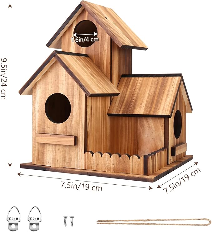 Bird Houses for Outside, 3-Hole Large Wooden Birdhouse for Bluebirds Finches Cardinal Hummingbird, Bird House for Outdoors Hanging Bird House Clearance Garden Courtyard Decor