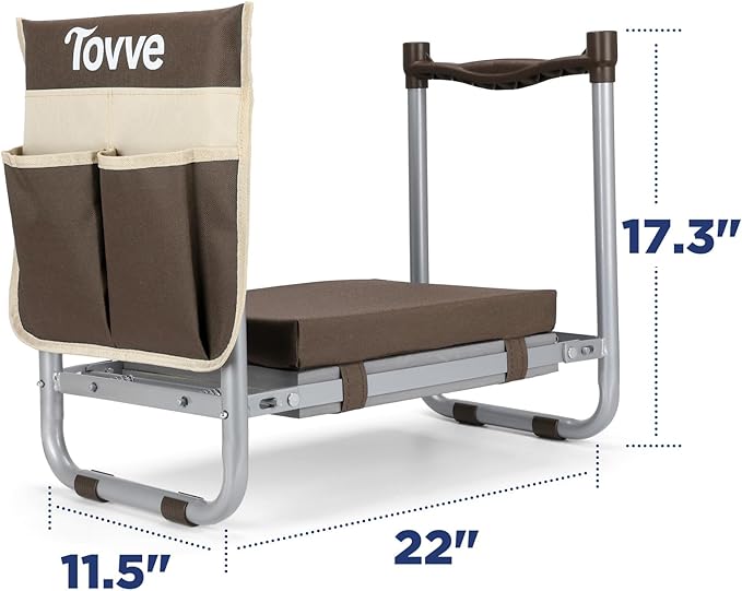 Tovve Foldable Garden Kneeler and Seat, Heavy Duty Garden Stool with 10" Wide Detachable Kneeling Pad, Portable Garden Bench Chair with Large Garden Tool Bag, Gardening Gifts for Women, Seniors, Mom
