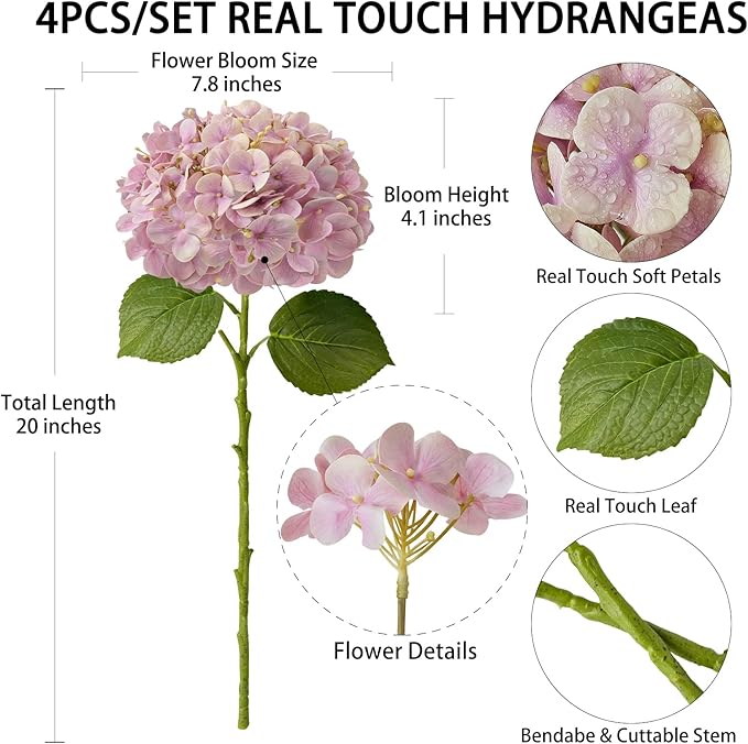 4 Pcs 20'' Real Touch Hydrangeas Light Pink Artificial Hydrangeas Flowers Faux Latex Lifelike Hydrangea for Kitchen Living Room Porch Home Decor Baby Shower Party Wedding Table Centerpiece