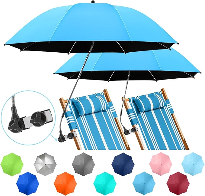 2 PACK Beach Umbrella with Clamp, 360 ° Adjustable Umbrellas for Chair, UPF50+ Umbrella for Beach Chair, Patio Chair, Wheelchair, Camping Chair, Golf Carts (Chair Not Included)