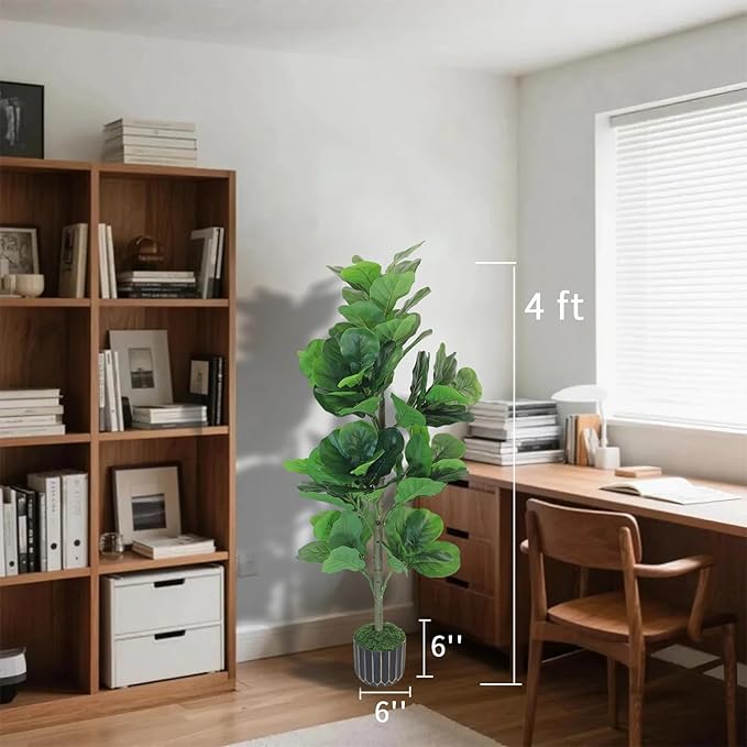 4FT Artificial Fiddle Leaf Fig Tree, Premium Fake Ficus Lyrata Plant in Decorative Black Planter for Indoor Home Office Decor, Housewarming Gift