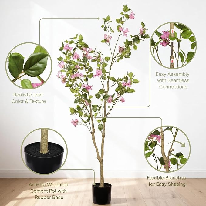 5FT Artificial Flowering Tree, Realistic Faux Bougainvillea with Colorful Blooms, Tall Potted Plant in Black Container, Statement Greenery for Living Room, Office & Sunroom, Easy to Place
