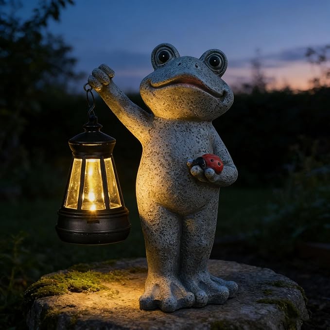 Frog Garden Statue Gifts Decor with Solar Outdoor Lantern for Patio Pathway Art Housewarming for Yard Decoration Lawn Ornament Gardening Gifts for Women Mom Grandma