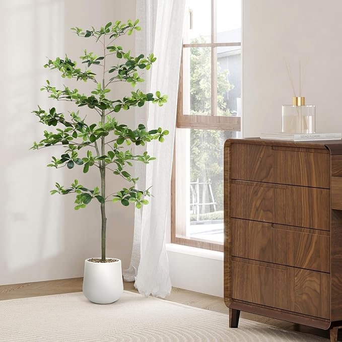 Faux Black Olive Tree 6FT,Artificial Tall Plant with White Planter and Stone,Potted Fake Tree with Natural Trunk,Artificial Plants Indoor for Home Office Living Room Corner Decor