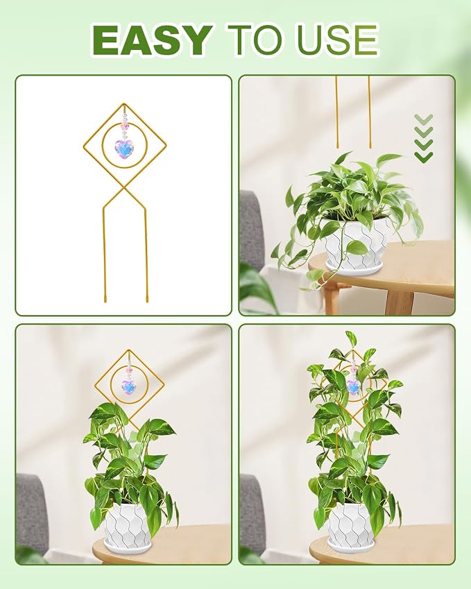 eZAKKA 17.3in Small Trellis for Potted Plants, Trellis for Climbing Plants Indoor Vine Ivy Flower Support with 2PCS Crystal Suncatcher, Gold, Pattern 03