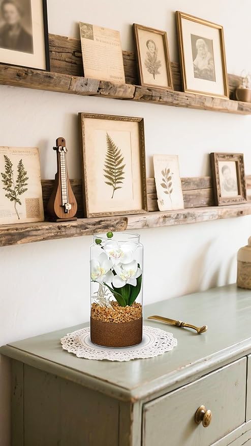 White Orchids Artificial Flowers with Vase, Small Faux Orchid Arrangement Fake Orchids Plant in Terrarium Jar Small White Orchid Centerpieces for Kitchen Dining Room Tables Bathroom Nightstand Decor