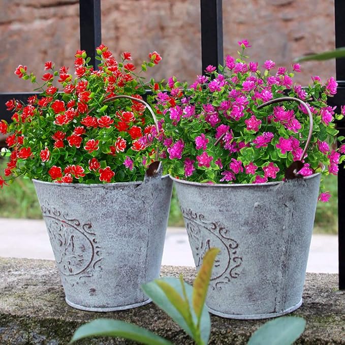 12 Bundles Outdoor Artificial Flowers UV Resistant Fake Boxwood Plants, Faux Greenery for Indoor Outside Hanging Plants Garden Porch Window Box Home Wedding Farmhouse Décor (Red)