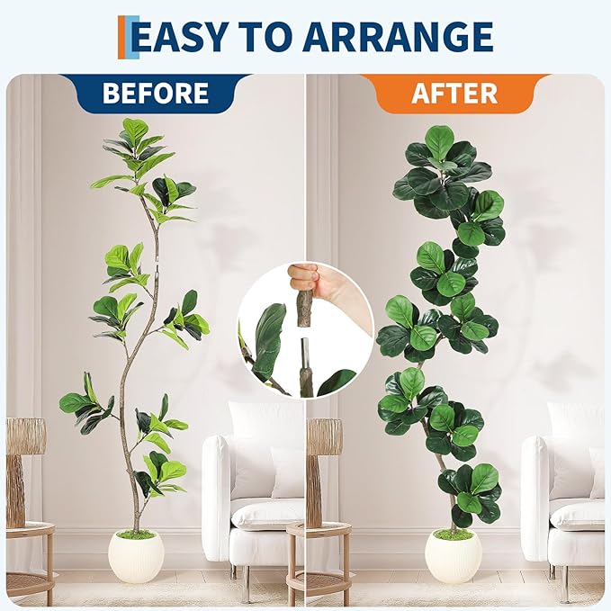 GarveeHome Fiddle Leaf Fig Artificial Tree with White Planter,7 ft Faux Plants Indoor with Moss, Fake Rubber Tall Fake Floor Plant in Pot - Artificial Trees for Home Office Living Room Decor
