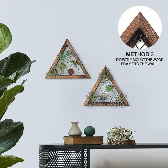 J JACKCUBE DESIGN Air Plant Triangle Frame Hanging Airplant Holder, Rustic Wood Tillandsia, Succulent Plants Display Hanger Shelf for Wall Décor, Set of 2- MK1061A