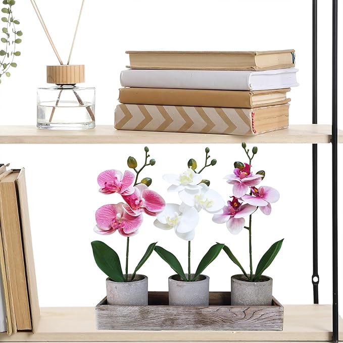 Winlyn Set of 3 Small Artificial Orchid Potted Plants Arrangement with Rustic Wood Planter Box Real Touch Faux Phalaenopsis Moth Orchid Flowers in Pots for Home Office Desk Shelf Table Centerpiece