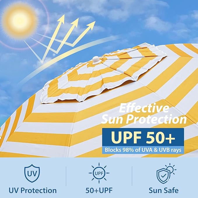 AMMSUN Shade Umbrella, Premium Portable Umbrella with Stand, 6.5ft Lightweight Free Standing Canopy for Sporting Games, Adjustable Instant Sun Protection and Easy to Carry, Stripe Yellow