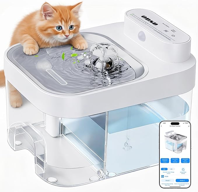 ODSD Cat Water Fountain, App Monitoring Wastewater Separation & No Filter Cotton, 5000mAh Battery & Plug-in Pet Water Fountain with 101oz/3L Automatic Water Dispenser for Cats Indoor, 2.4G Wi-Fi