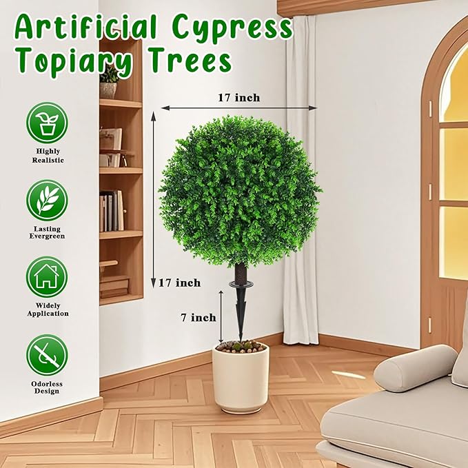 Grooy Artificial Topiary Tree with Eucalyptus, Set of 2 Artificial Shrub Bushes with Ground Spike, Fake Evergreen Tree for Porch, Artificial Plants for Outdoor Planters Indoor UV Resistant