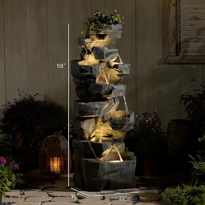 Sunlinua 58" H Outdoor Water Fountain with 7 Tiers New Upgraded Large Cascading Realistic Rock Waterfall Fountains with Lights Outdoor Water Fountain for Garden Patio Backyard Porch Home Decor