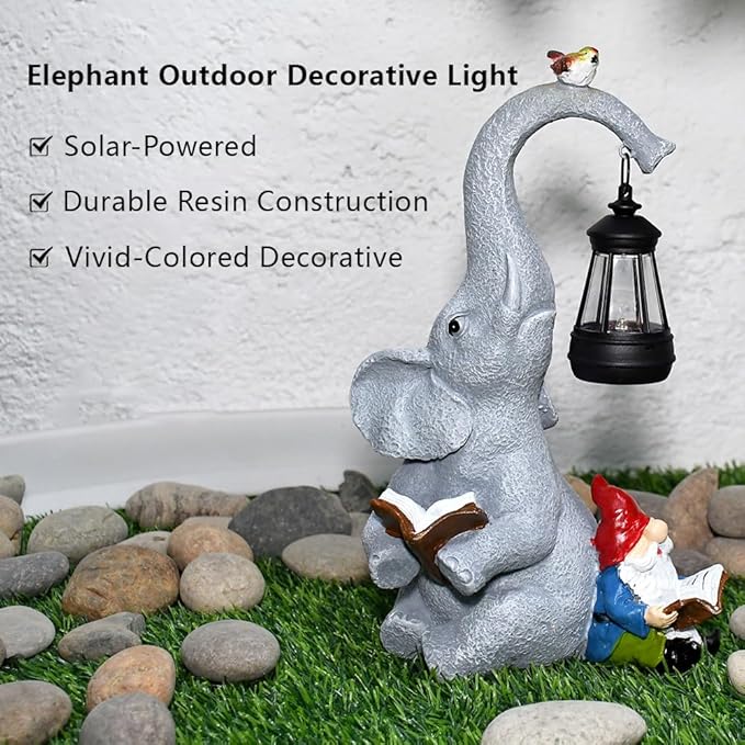Solar Garden Statue Outdoor Decor Elephant Figurines with Cute Gnome Garden Sculpture, Elephant Statues Patio Ornament Decor for Lawn Balcony Yard, Gifts for Mum Grandmom on Birthday Mother's Day