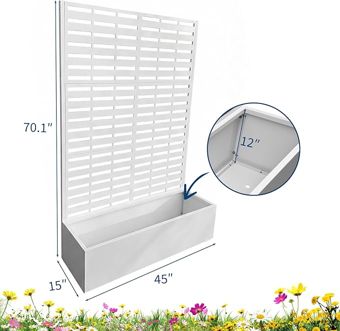 Metal Raised Garden Bed with Trellis & Privacy Screen, 70.1"x45"x15" Galvanized Metal Planter Box with Drainage Holes for Patio Balcony Outdoor Climbing Plants Flowers Vegetable, White