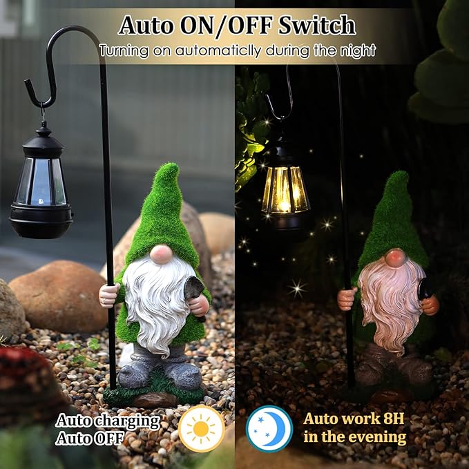 VChymm Flocked Solar Garden Gnomes Outdoor Statues 15.8”Outdoor Garden Decor LED Outdoor Decor Light Unique Housewarming Gifts Yard Art Sculptures for Patio Lawn Ornaments