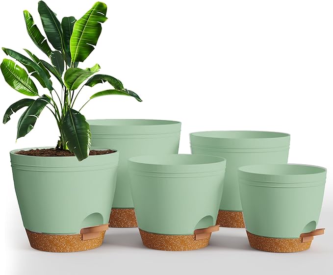 Utopia Home Self Watering Pots for Indoor Plants, Planters for Indoor Plants, Multi-Size Flowerpot, Set of 5 Plant Pots with Drainage & Reservoir, 6.8"/6.4"/5.9"/5.5"/4.9" (Olive Green)