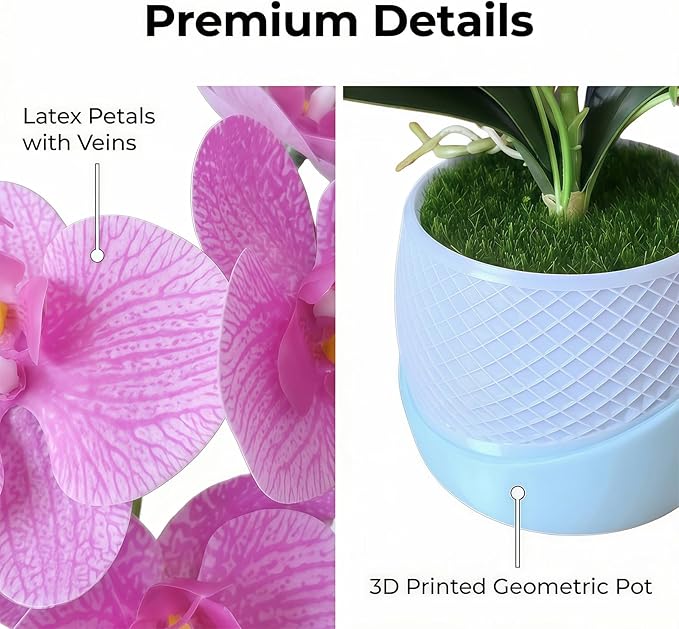 Artificial Orchid with 3D Printed Vase, Lifelike Fake Phalaenopsis Orchid Flowers, Realistic Silk Orchids for Home Decor Living Room (Light Purple)