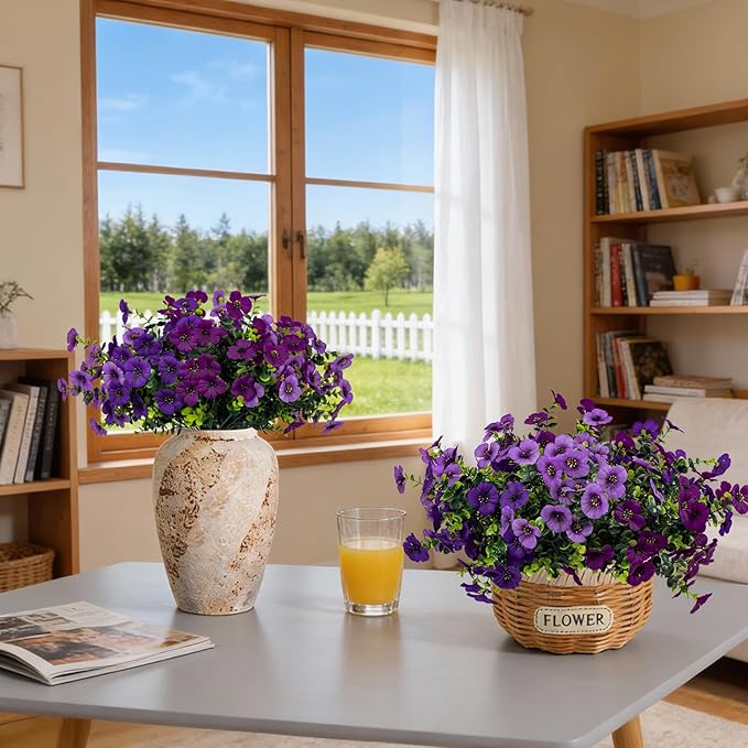 17 Inch Artificial Faux Pansy Flowers for Outdoor,Fake Pansies Flowers with Eucalyptus Leaves Fake Plants Greenery Boxwood Porch Patio Decor 6 Bundles(Dark Purple,Lotus Purple,Light Purple)