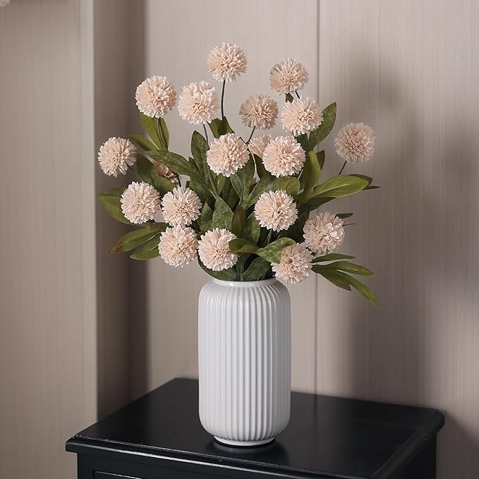 VIERENA 6 Pcs Faux Silk Pompon Mum Artificial Flowers for Vase -27", Bulk Fake Chrysanth Branches with Stems for DIY Bouquet Centerpieces Wedding Fillers Arrangements Shower Decorations (Beige)