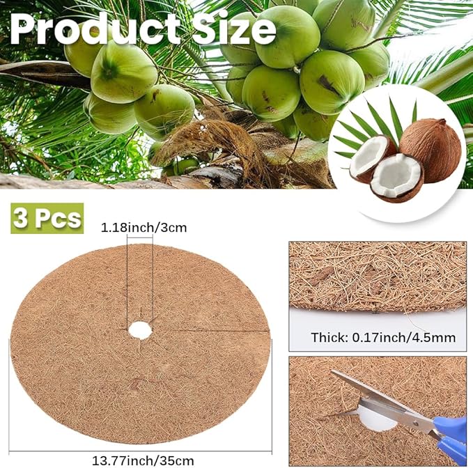 CREATCABIN 3Pcs Plant Pot Soil Cover Coco Coir Mulch Mats 35cm Tree Mulch Ring Natural Coconut Fiber Plant Cover Ring Plant Protector Mulch Mat for Sapling Root Weed Barrier Water-Proof