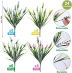 Geegoods Artificial Plants Flowers Outdoor – 24 Bundles UV Resistant Faux Lavender Flowers with Monkey Grass for Garden Porch Window Patio Hanging Planter Decor