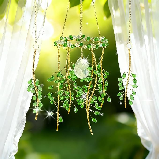 3 Pack Crystal Suncatchers for Window Boho Decor—Green Plant Inspired Hanging Wind Chimes with Chain Rainbow Prism Indoor Outdoor Home Decor & Plant Lover Gift