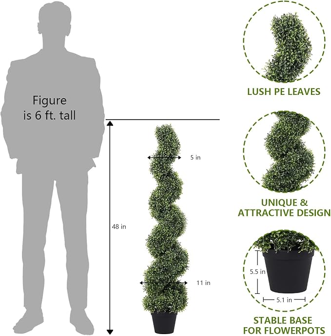 THE BLOOM TIMES 4ft Spiral Topiary Trees Artificial Outdoor Set of 2, 48" Faux Boxwood Plants Outside - All-Year Green Fake Twisted Tree for Garden Front Porch Planter Decor 4 Foot